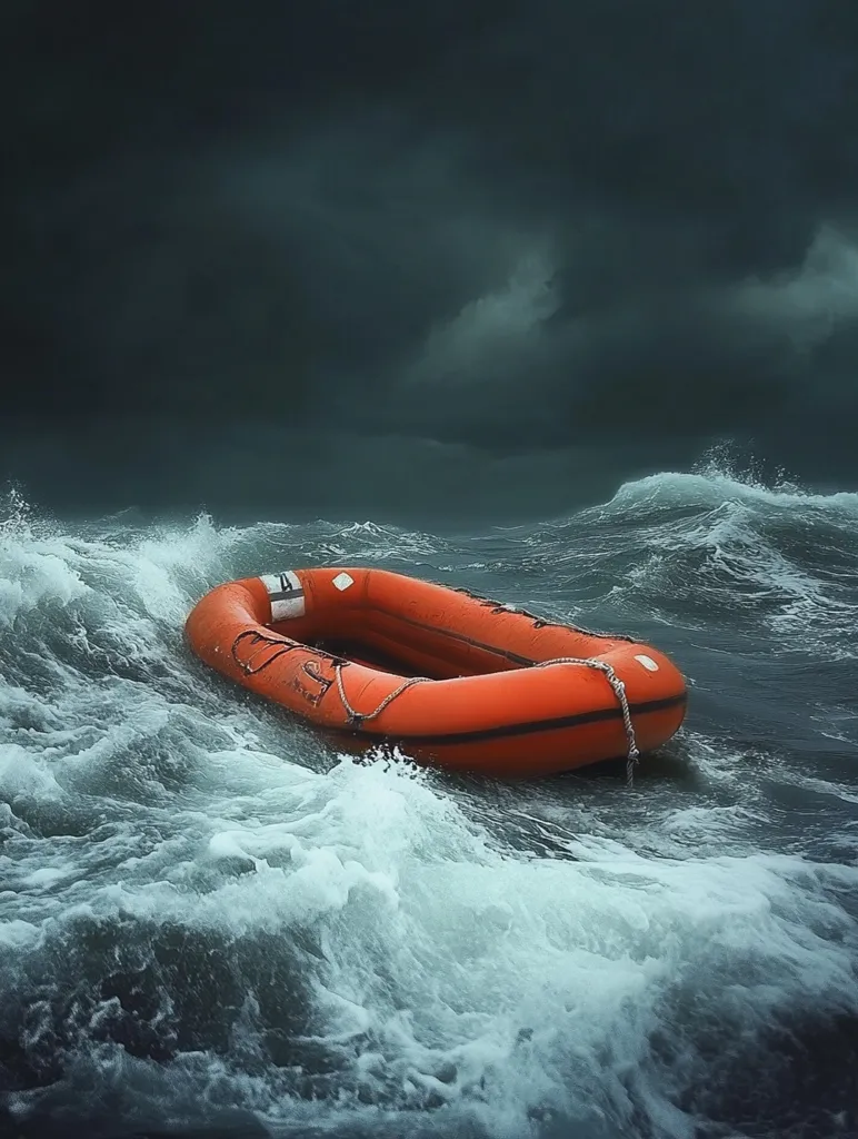 A bright orange life raft bobs in a tumultuous sea, its bright color a stark contrast to the dark, stormy sky overhead. The waves are churning, and whitecaps crest, creating a sense of danger and urgency. The raft seems small and fragile against the power of the storm, highlighting the vulnerability of those at sea.