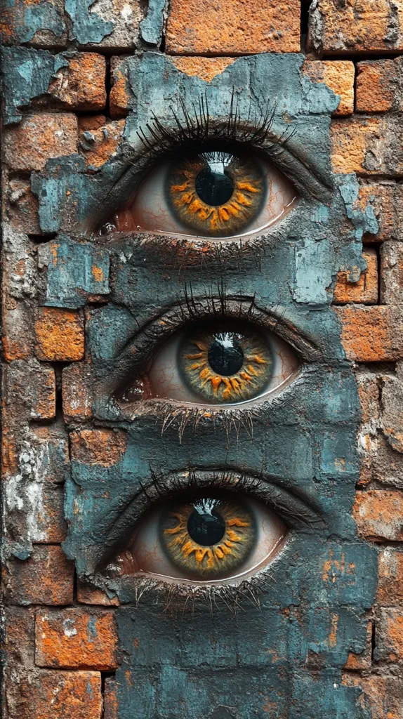 The image depicts three large, realistic eyes painted on a brick wall. The eyes are painted in a dark, shadowy style, with long eyelashes and dark circles around the pupils. The eyes are set against a background of weathered, crumbling brick, creating a sense of mystery and intrigue. The image is likely meant to be a metaphor for the power of observation and the hidden depths of human perception.  The image is made even more striking by the contrast between the light and dark areas. The bright, yellow-orange eyes stand out against the dark, brooding brickwork, drawing the viewer's attention. Overall, the image is a powerful and evocative depiction of the human eye and its ability to see both the visible and the invisible.
