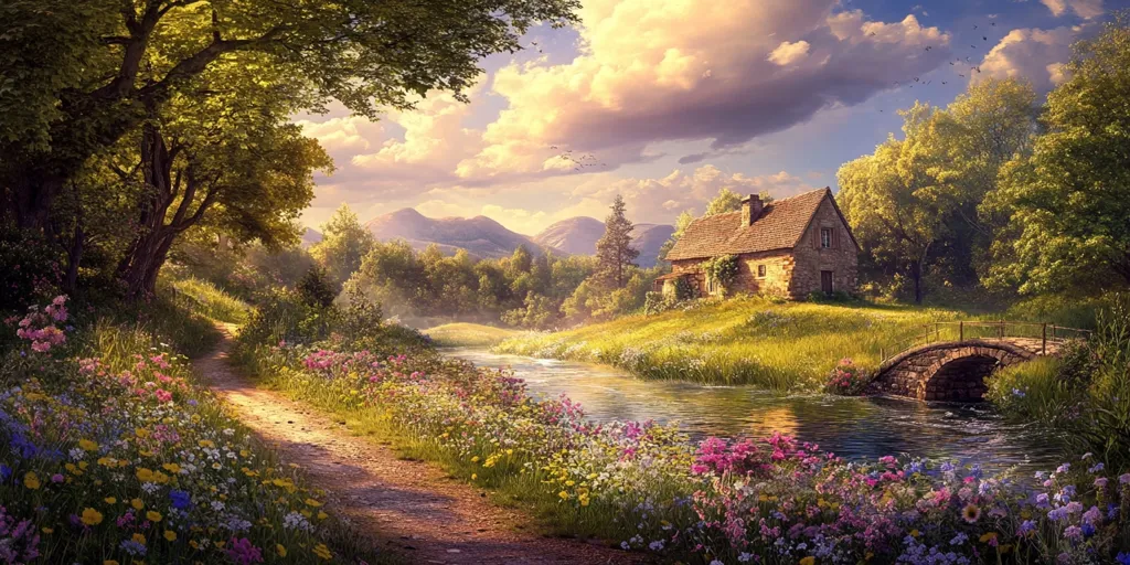 A quaint stone cottage nestled amidst rolling green hills, bathed in the warm glow of a golden sunset. A winding path leads to the cottage, lined with vibrant wildflowers, and a tranquil stream flows gently through the valley. The scene is a serene and picturesque depiction of rural tranquility.