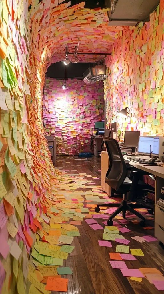 The image shows an office space completely covered in colorful sticky notes. They are plastered on the walls, ceiling, and even the floor, creating a vibrant and chaotic atmosphere. A desk with a computer and a chair is visible in the background, partially obscured by the notes. The room is lit by overhead lights, casting a warm glow on the colorful paper. The scene is a playful and whimsical depiction of a work environment, possibly highlighting the creative and collaborative nature of the workplace.