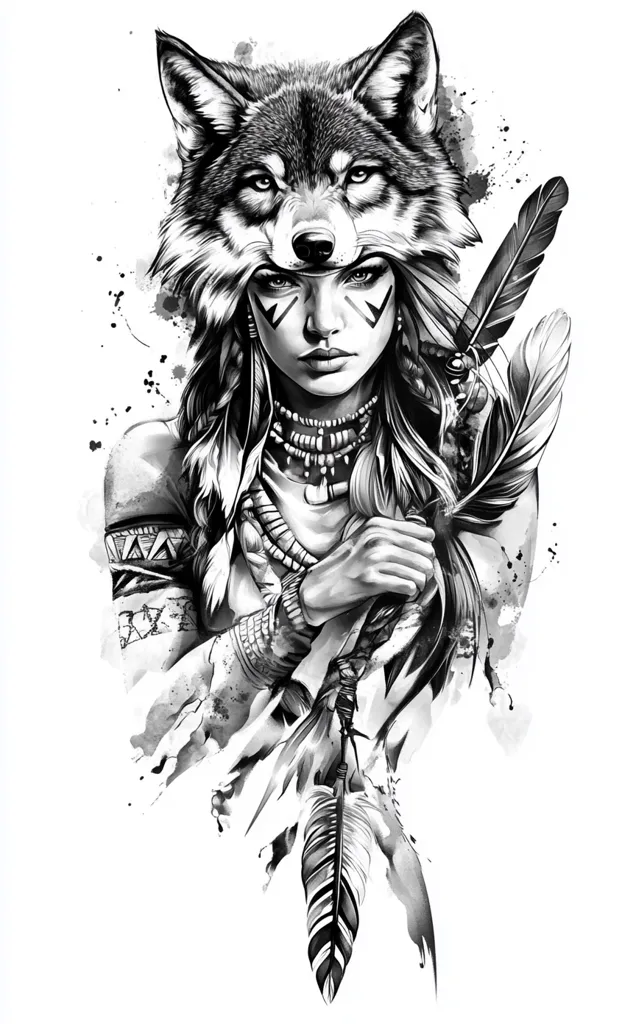 The image is a black and white drawing of a woman with a wolf head headdress. She has Native American-inspired jewelry and facial markings. A large feather is in her hand, with several smaller feathers trailing down from it. The background is a splatter of black ink on a white canvas. The image evokes a sense of strength and mystery, with a connection to nature and Indigenous culture.