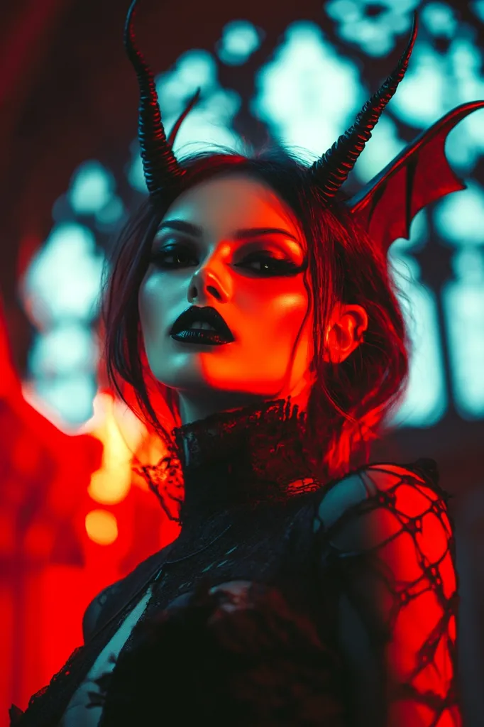 A woman with dark red hair and devil horns is dressed in black lace, with her face illuminated by a red light. She has dark eyes, dark lipstick and a serious expression. The background is blurred, with a soft blue glow. The image conveys a dark and mysterious mood, with the woman's devilish attire adding to the sense of intrigue.