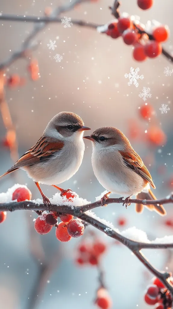 Two small brown birds are perched on a snow-covered branch with red berries. The branches are bare and the background is a soft, blurred white. The image has a wintery feel, with snowflakes falling and a soft, ethereal glow. The birds are looking at each other, creating a sense of intimacy and connection. The red berries provide a pop of color against the white snow and branches.  The overall image is peaceful and serene, capturing a moment of quiet beauty in the winter.