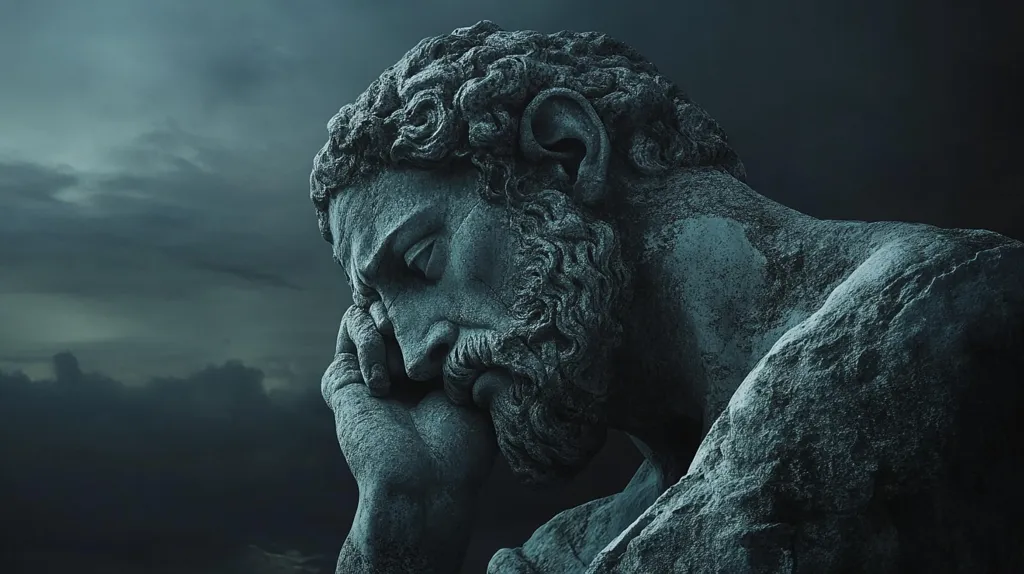 The image shows a close-up of a stone sculpture of a man with his head resting on his hand. His face is etched with deep lines and his eyes are closed, conveying a sense of sorrow or contemplation. The sculpture is positioned against a dramatic backdrop of stormy clouds, enhancing the somber mood. The image evokes feelings of introspection and the weight of life's burdens.