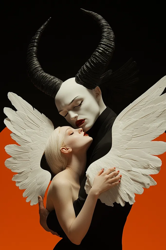 A figure with large black horns and a white face, representing a devil, is embracing a woman with white wings and a blonde bob haircut, representing an angel. The couple stands against a bright orange background, creating a contrast between good and evil. Their embrace symbolizes the conflicting forces that exist within us all.