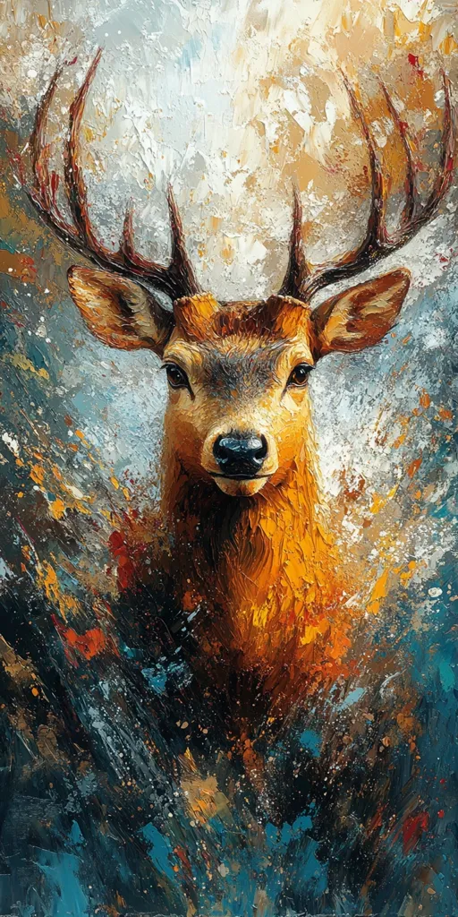 A close-up painting of a deer's head with large antlers.  The deer's fur is a rich orange and brown, while its eyes are dark and alert. The background is a chaotic mix of blues, oranges and yellows, evoking a sense of motion and energy. The painting's style is impressionistic, with visible brushstrokes and a focus on capturing the essence of the subject.