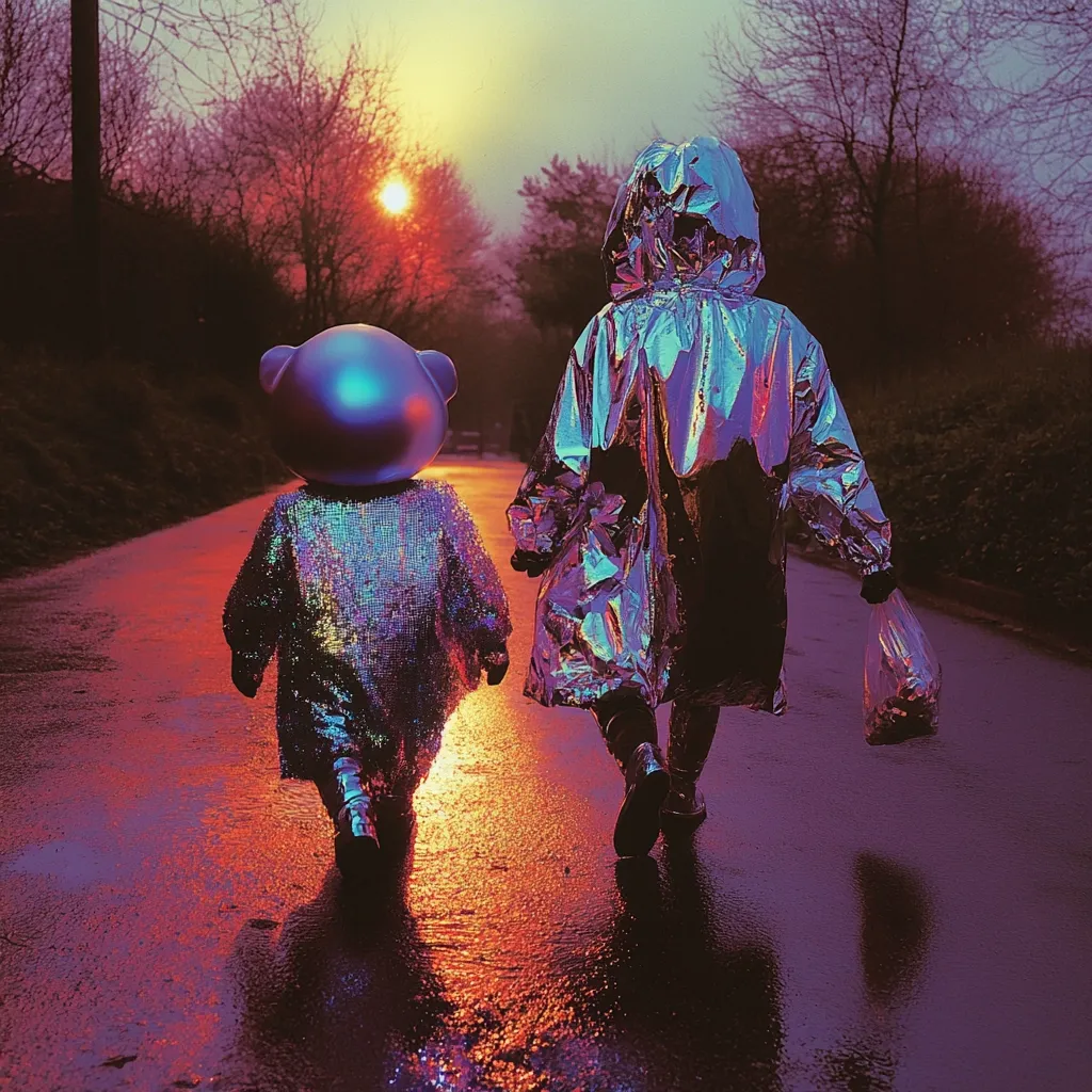 A person in a silver, shiny raincoat walks down a wet road in front of a large, silver, shiny bear-like figure. The sunset is reflected in the wet road, casting an orange glow over the scene. The figures are walking away from the viewer, and the person is carrying a clear plastic bag in their hand. The image is stylized and has a surreal quality.