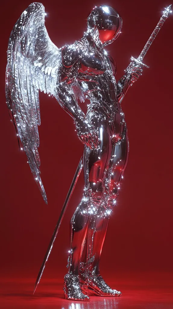 A chrome-plated figure stands on a red surface, its body reflecting the surrounding light. It wears a helmet and holds a sword, while large, feathery wings sprout from its back. The figure's metallic skin sparkles under the light. The image has a futuristic and ethereal feel.