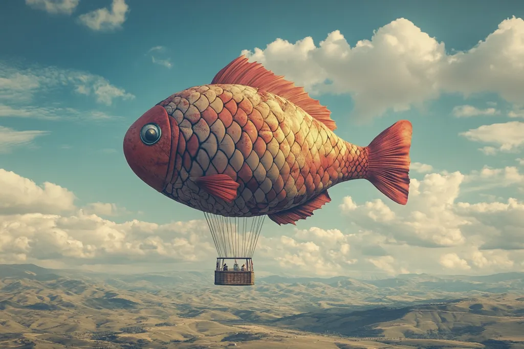 A whimsical hot air balloon shaped like a fish flies through a bright blue sky, dotted with fluffy white clouds.  The fish is orange and white with a large eye, and the gondola below carries a small group of passengers. The balloon is over a landscape of rolling green hills, giving a sense of adventure and wonder.
