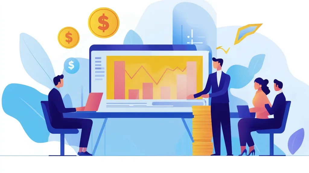 The illustration depicts a business meeting with four people, one of whom is presenting a graph on a computer screen. The graph shows a positive trend in financial performance, with bars representing profit and a line indicating growth. Three golden dollar symbols float above the meeting, suggesting financial success and positive outcomes. The overall atmosphere is professional and optimistic, indicating a successful business operation.