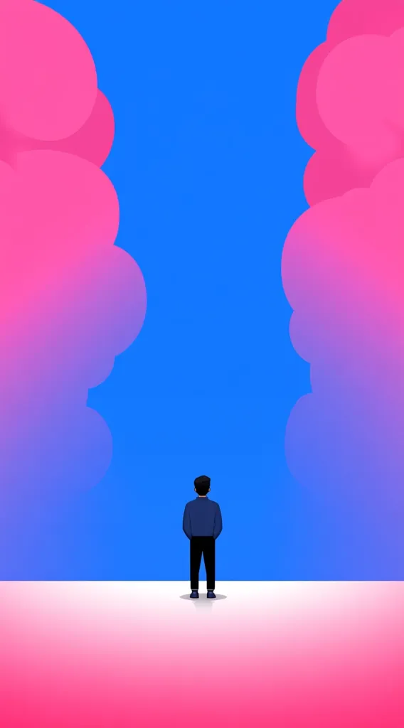 A lone figure stands facing a bright blue background. The figure is a man wearing a dark suit. Two large pink cloud-like shapes, one on each side, partially obscure the view. The man stands on a white surface, which blends into a pink gradient at the bottom.  The image is simple and abstract, suggesting contemplation or a sense of isolation.
