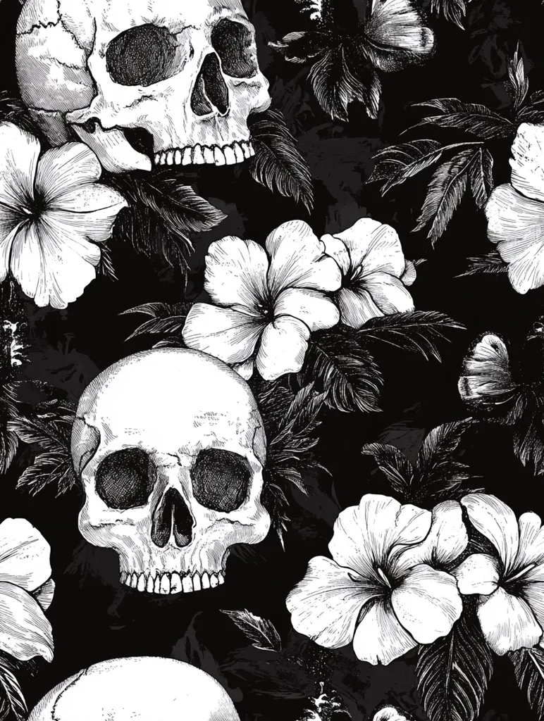 The image is a black and white pattern of skulls and hibiscus flowers. The skulls are drawn in a detailed, realistic style, with visible teeth and eye sockets. The hibiscus flowers are stylized, with large, open petals. The background is a dark, textured pattern that suggests a tropical setting. The image creates a sense of both beauty and darkness.