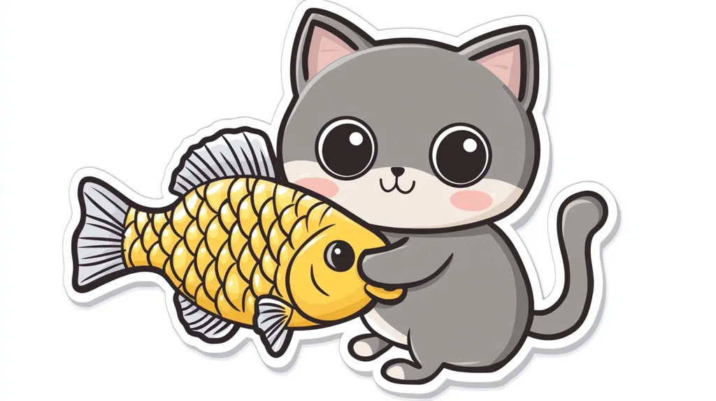 The image depicts a cartoon cat holding a goldfish in its paws. The cat is grey with large, round eyes and a pink nose. The goldfish is yellow and has scales. The cat and fish are both drawn in a cute and whimsical style. They are surrounded by a white background and appear to be a sticker.