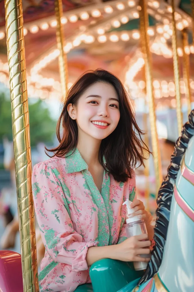 A young woman with long dark hair is sitting on a carousel horse. She is wearing a pink floral blouse and teal pants. She is smiling and holding a white bottle in her hand. The carousel is brightly lit with golden lights. The image captures a moment of joy and innocence.