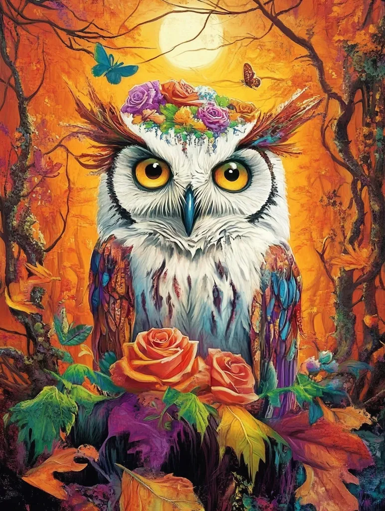 A large, white owl with vibrant yellow eyes sits perched amidst a backdrop of colorful leaves. A crown of flowers adorns its head, and two large orange roses bloom at its feet. The owl's feathers are a kaleidoscope of colors, showcasing a rich palette of blues, purples, and greens. The painting evokes a sense of autumnal magic and mystery.