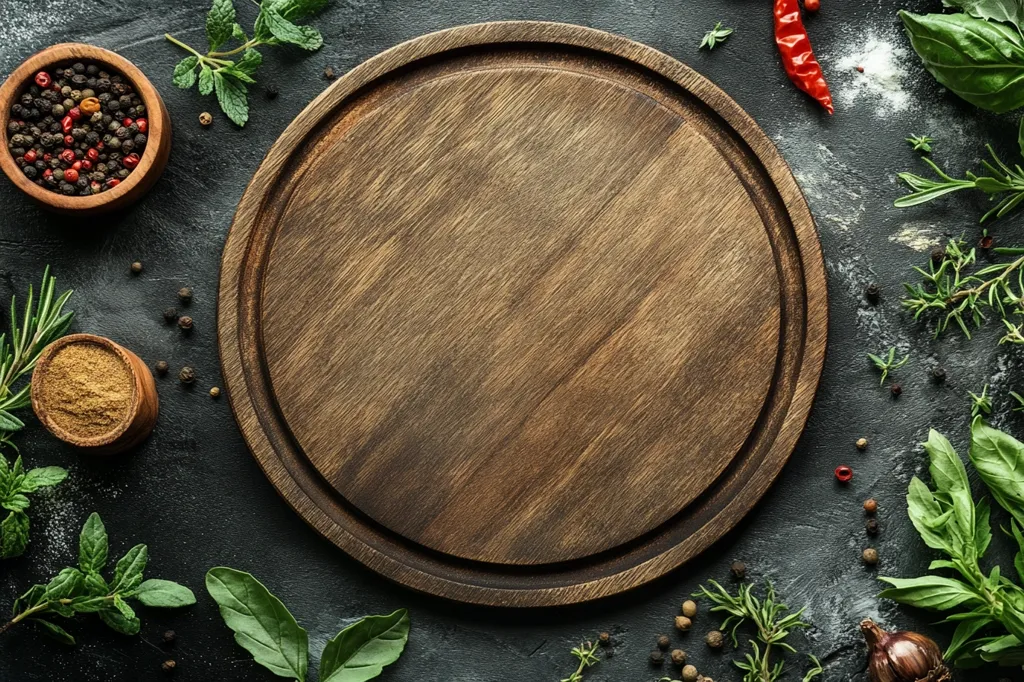 A large, round wooden cutting board sits in the center of the image, surrounded by various herbs and spices, including peppercorns, rosemary, basil, thyme, and a red chili pepper. The board's rustic surface adds a touch of warmth and natural beauty to the scene, suggesting a culinary backdrop for preparing a delicious meal. The ingredients are scattered artistically around the board, hinting at a vibrant and flavorful creation in the making.