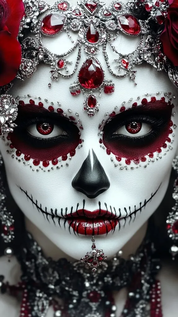 The image shows a woman with a striking, intricate Day of the Dead makeup. She has a white base with black stitching around her mouth, red and black eyeshadow, and a large, jeweled crown. She wears a heavy, silver and black necklace and the focus of the image is on her eyes and lips. The dark, dramatic makeup and jewelry convey a sense of mystery and celebration.