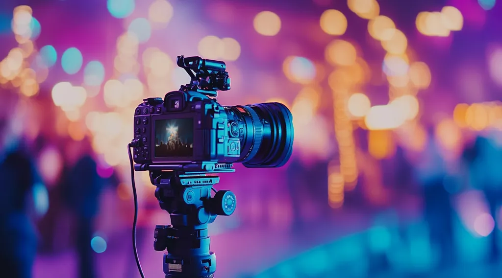 A professional camera is mounted on a tripod, capturing a scene illuminated by vibrant, colorful bokeh lights. The camera lens is pointed towards the background, focusing on the out-of-focus lights and capturing their warm glow. The scene suggests a concert or live event, capturing the energy and atmosphere of the event.