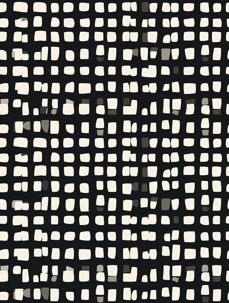 The image is a black and white abstract pattern consisting of a grid of irregular squares. The squares are slightly off-kilter and create a dynamic visual effect. The pattern is reminiscent of a woven textile or a tiled floor. The overall design is simple yet striking, with a strong sense of repetition and rhythm.  The contrast between black and white is stark and bold.