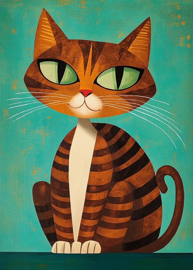 The image is a stylized painting of a tabby cat sitting on a green surface. The cat has large, green eyes and a white patch on its chest. It is striped in brown and black, with a curled tail. The background is a vibrant turquoise, with hints of gold in the paint.  The painting is done in a simplified, cartoon style, with bold outlines and contrasting colors.  The cat's expression is one of contentment.
