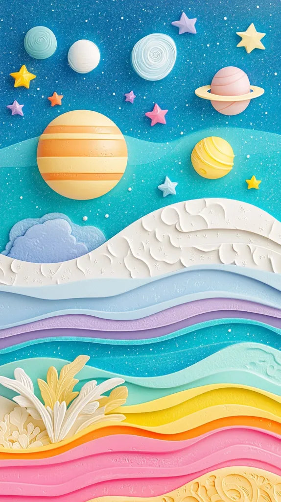 A vibrant and whimsical scene with pastel planets and stars against a blue background. White and light blue clouds transition to a landscape of colorful wavy stripes in shades of purple, blue, green, yellow, orange, and pink.  The scene appears to be a paper cut-out design with a playful, child-like aesthetic.