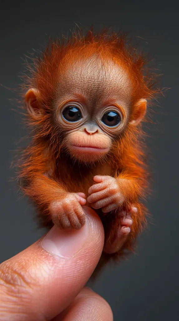 A tiny baby orangutan with bright orange fur sits on a human finger. The orangutan's large eyes gaze directly at the camera, its small hands clenched together in front of it. Its fur is soft and fluffy, and its skin is a pale pink. The orangutan looks adorable and vulnerable, as if it is just starting to explore the world.  The image captures the innocence and beauty of this endangered species.
