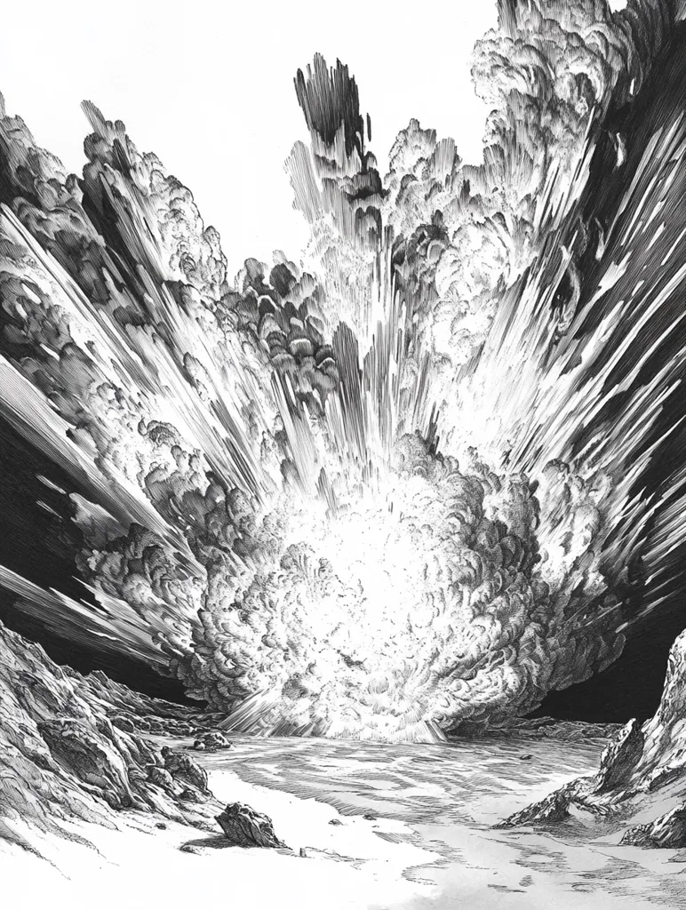 The image depicts a powerful explosion in a black and white landscape. It appears to be a nuclear detonation, with a massive cloud of smoke and debris radiating outwards. The explosion is centered in the image, with radiating lines of force extending outwards. The ground below is covered in dust and debris, and the sky is filled with swirling clouds. The image is drawn in a realistic style, with a high level of detail. It is a powerful and evocative depiction of a destructive event.