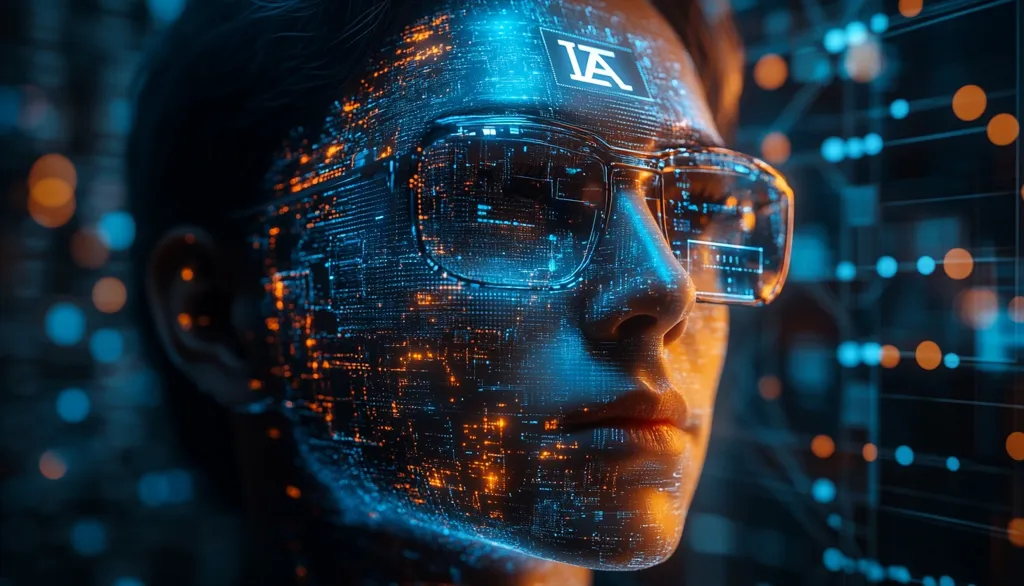 A close-up shot of a person's face with glowing blue and orange patterns overlaying their skin.  The pattern appears to be a digital circuit board.  The word "IA" is visible on their forehead,  The subject is wearing glasses with a similar digital pattern on the lenses. A gridded background appears to be a digital interface.  The image is likely a visual representation of artificial intelligence or a connection to technology.