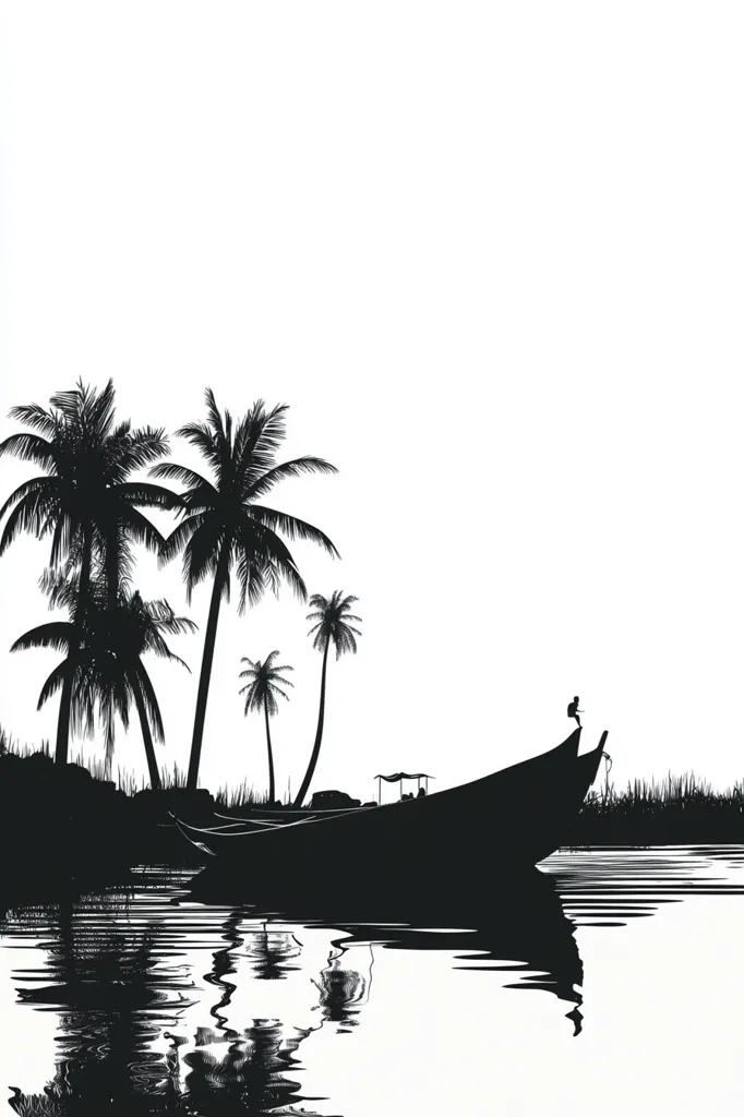 The image is a black and white silhouette of a tropical scene. There are four palm trees standing on the shore of a calm body of water. A longboat is docked to the shore. The sky is clear and white. The image is peaceful and serene, evoking a sense of relaxation and tranquility.