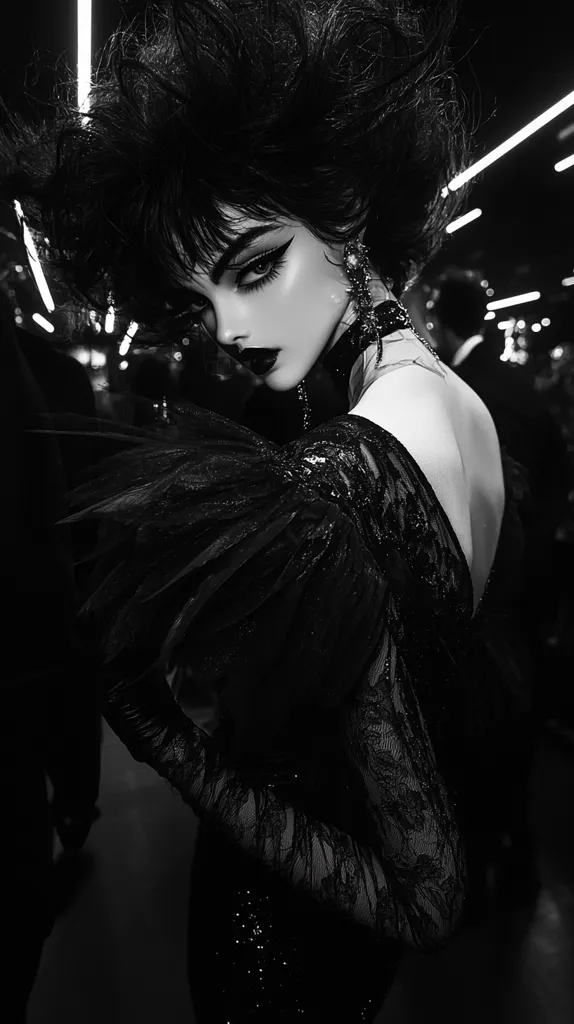 A woman with dark hair and dramatic makeup is captured in a black and white photo. She wears a long, flowing black gown with intricate lace detailing, and her eyes are accentuated with bold eyeliner. The image is shot in a dimly lit environment, creating a sense of mystery and intrigue. The woman's gaze is directed towards the camera, hinting at a powerful presence and alluring confidence.  The overall aesthetic evokes a sense of elegance and sophistication with a touch of darkness.