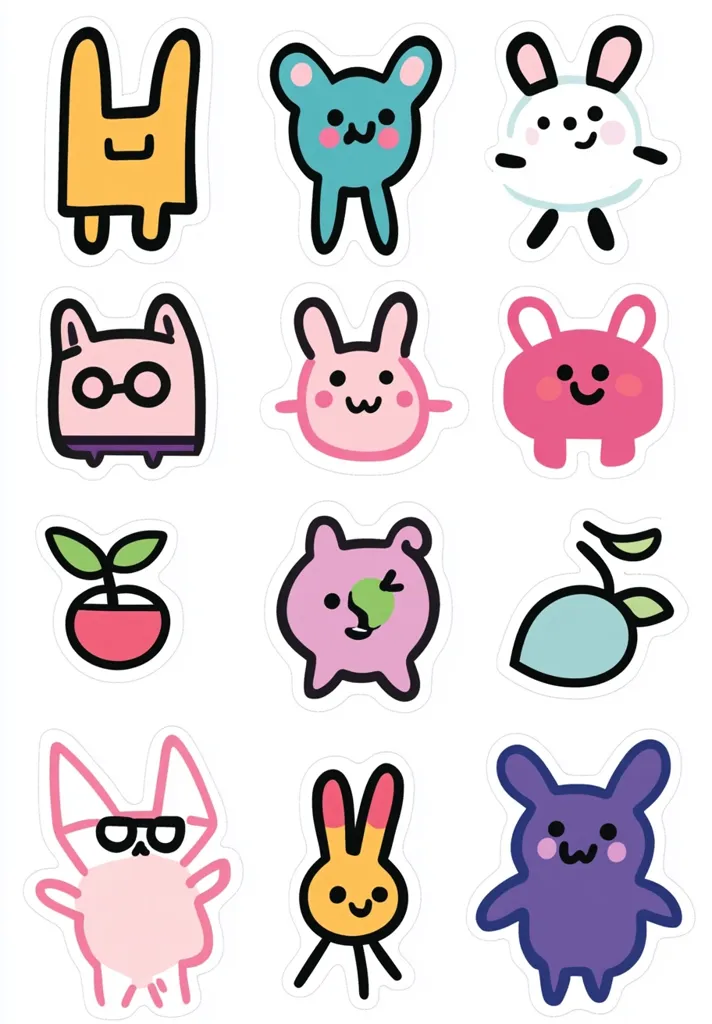The image contains twelve cartoon stickers of various cute characters. There are animals such as bunnies, a cat-like creature, a bear, and a plant, all with big eyes, rounded bodies, and simple features. Each character is depicted in a playful, colorful style with distinct colors and patterns. The stickers are arranged in a grid format on a white background, giving a whimsical and cheerful appearance.
