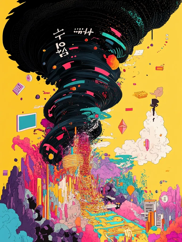 A swirling black and white vortex dominates the center of the image, against a bright yellow background. The vortex is composed of swirling lines and shapes, and has a sense of motion and energy.  The vortex is surrounded by a colorful cityscape, with buildings and structures of various shapes and sizes.  There are clouds and other objects in the sky, suggesting a fantastical or dreamlike atmosphere. The image is filled with vibrant colors and detailed patterns.  The overall effect is chaotic and energetic.