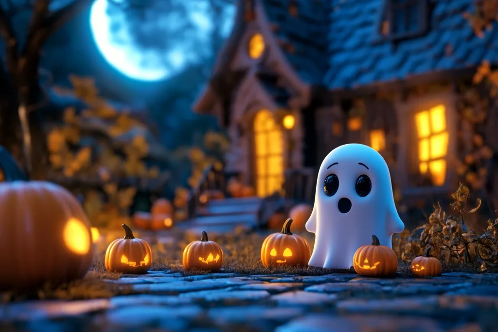 A cute ghost with big eyes and an open mouth stands on a cobblestone path.  It's surrounded by lit jack-o-lanterns, with a spooky house and a full moon in the background. The scene is bathed in a soft, blue light, creating a whimsical Halloween atmosphere.  The ghost looks surprised, adding a playful touch to the image.