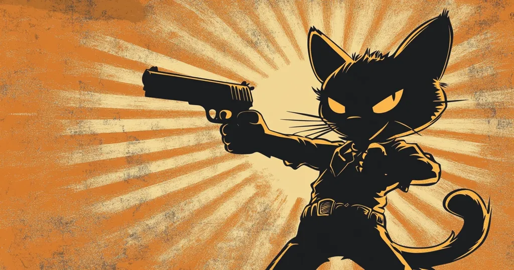 The image depicts a black cat in a retro, comic book style, holding a gun and staring intensely. The cat is silhouetted against a bright orange and yellow background with a radial design, creating a dramatic and intense atmosphere. The image evokes a sense of danger and action, suggesting the cat is ready for a confrontation.