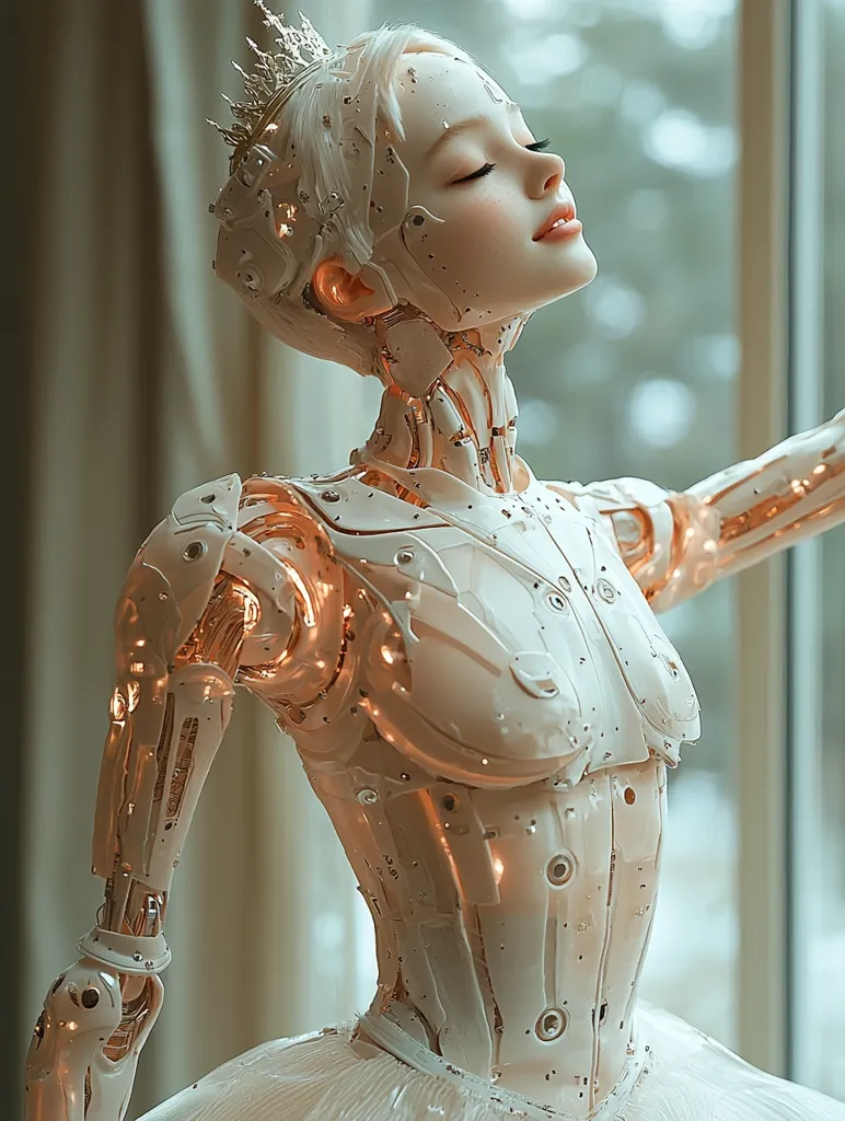 The image depicts a humanoid robot with a white, mechanical body and a golden crown. Her eyes are closed and she has a serene expression, suggesting a sense of peace or contemplation. The robot's body is intricate and detailed, showcasing the complex workings of its internal mechanisms. The white and gold colors create a striking contrast, highlighting the robot's elegance and sophistication. The background features a blurred image of a window, hinting at a connection to the outside world. The overall impression is one of beauty, technology, and a subtle exploration of the nature of humanity and artificial intelligence.
