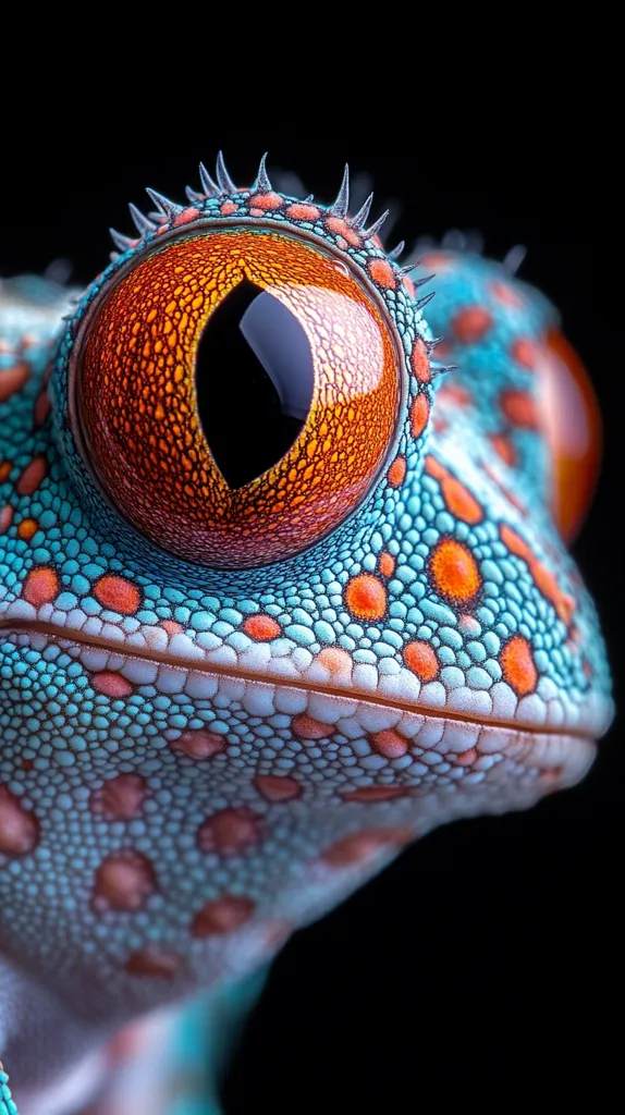 A close-up of a frog's eye, the intricate detail of its skin is visible. The eye is a vibrant orange and red, with a dark pupil. The skin is a beautiful blue and turquoise, with small red spots. The frog's eye is focused, and it appears to be looking directly at the camera.  The image is a stunning example of the beauty and complexity of nature.