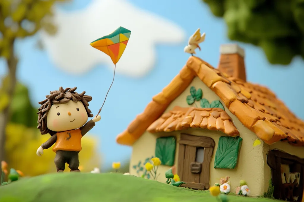 A clay figurine of a boy with brown hair and a bright orange shirt holds a kite in his right hand. The kite is a vibrant green and yellow. In the background, a clay house with a brown door and green shutters stands tall. The scene is set against a backdrop of a blue sky with fluffy white clouds and green foliage.