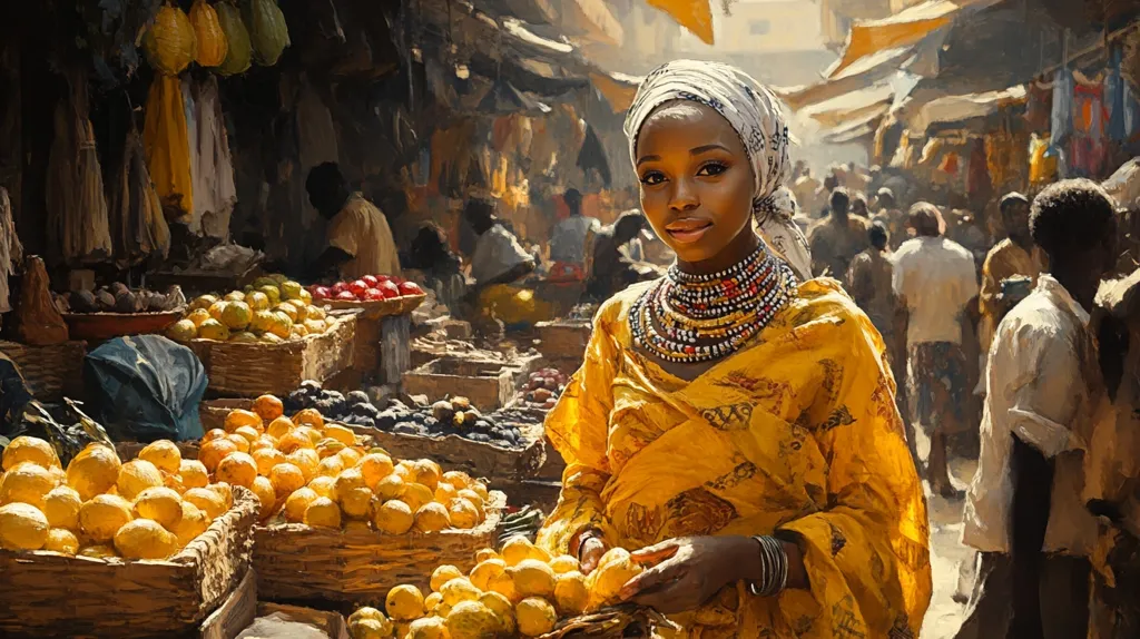 A young woman in a yellow dress and white headwrap stands in a bustling market. She is adorned with beaded necklaces and bracelets.  The market is filled with people and stalls selling fruit, vegetables, and other goods. The woman is looking directly at the viewer with a calm and confident expression. The scene is vibrant and full of life.