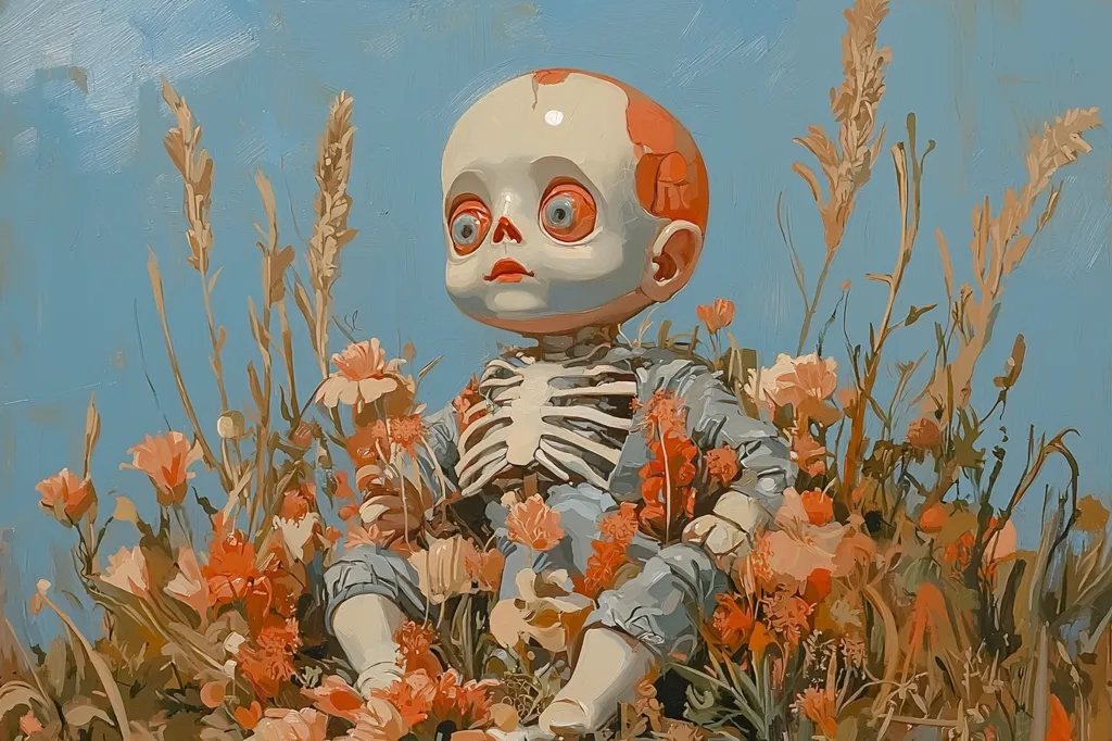 The image depicts a doll with a skeletal body, sitting in a field of flowers. The doll has a large head with big eyes and a vacant expression. The flowers are in shades of pink, orange, and yellow, and they are arranged in a random but visually pleasing pattern. The background is a simple blue sky, which helps to emphasize the doll and the flowers. The overall tone of the image is whimsical and slightly eerie, suggesting a sense of innocence and decay.