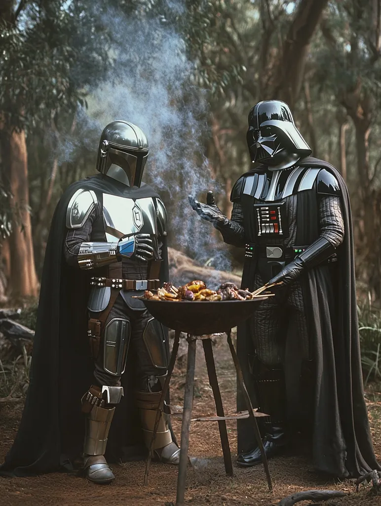 Darth Vader and The Mandalorian are standing by a campfire grilling food in the woods. Darth Vader is using tongs to turn the food over the fire. The Mandalorian is watching the food cook. They both look serious and focused on the task at hand. There is smoke rising from the fire and the forest surrounds them. The image is set in a dark and mysterious atmosphere. The dark figures of the two characters stand out against the backdrop of the forest.