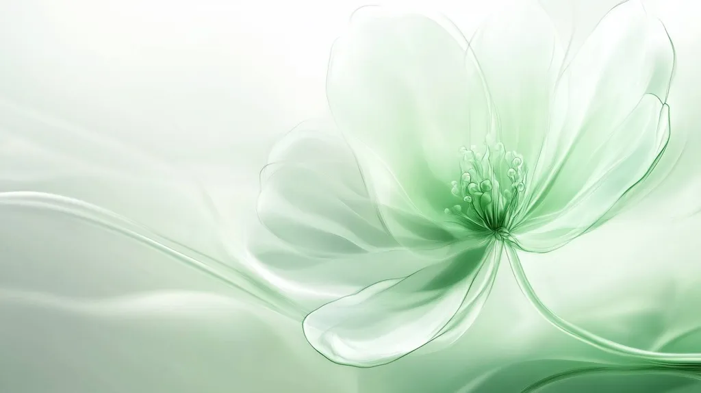The image showcases a delicate, translucent flower with a soft, pale green hue. The flower's petals are intricately detailed, creating a sense of ethereal beauty. It's surrounded by a subtle, flowing background that appears to be made of silk, adding to the overall impression of elegance and tranquility. The image evokes a sense of serenity and the natural world's beauty.