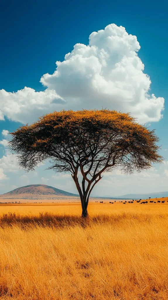 A lone acacia tree stands tall in a vast, golden savanna. The sky above is a brilliant blue, punctuated by a large, fluffy white cloud. The landscape is serene and peaceful, with a distant hill in the background. The tree casts a long shadow on the dry grass, creating a sense of solitude and grandeur.