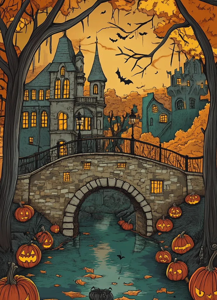 The image depicts a spooky and charming Halloween scene with a stone bridge arching over a dark, flowing river. A mysterious, gothic-style mansion stands on one side of the bridge, while a crumbling tower stands on the opposite side. The bridge is adorned with glowing windows, and the river is scattered with fallen leaves. The scene is filled with pumpkins, adding to the Halloween ambiance. The image evokes a sense of mystery and wonder, perfect for a spooky Halloween celebration.