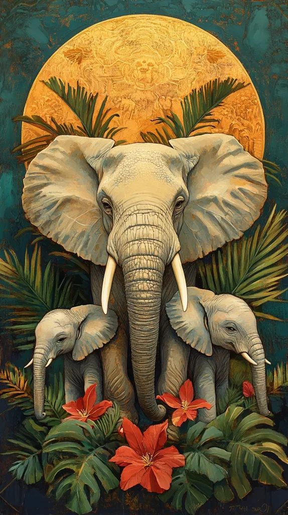 A large, grey elephant stands in the center of the image, surrounded by lush, tropical greenery. It is framed by a large, golden moon in the background. The elephant has two younger elephants, one on each side, looking up at the viewer. The three elephants are surrounded by red flowers and green leaves. The image is a celebration of the natural world, and the beauty and power of elephants.