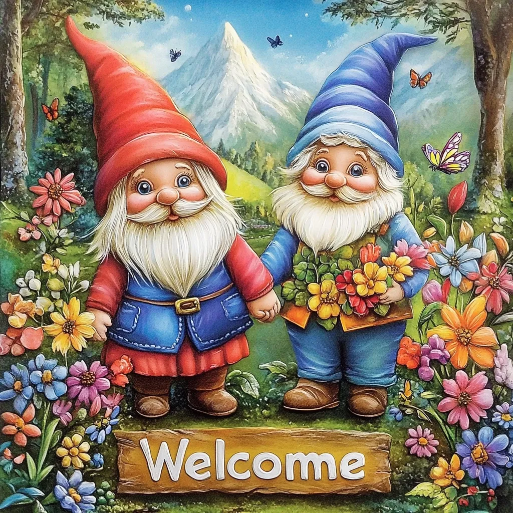 Two friendly gnomes with big smiles stand in a field of colorful flowers. The gnome on the left wears a red hat and blue overalls, while the gnome on the right wears a blue hat and blue overalls. They are holding hands and smiling at each other. A wooden sign in front of them says "Welcome."  The background features a mountain range and a beautiful blue sky.  Butterflies flutter around the gnomes and flowers.