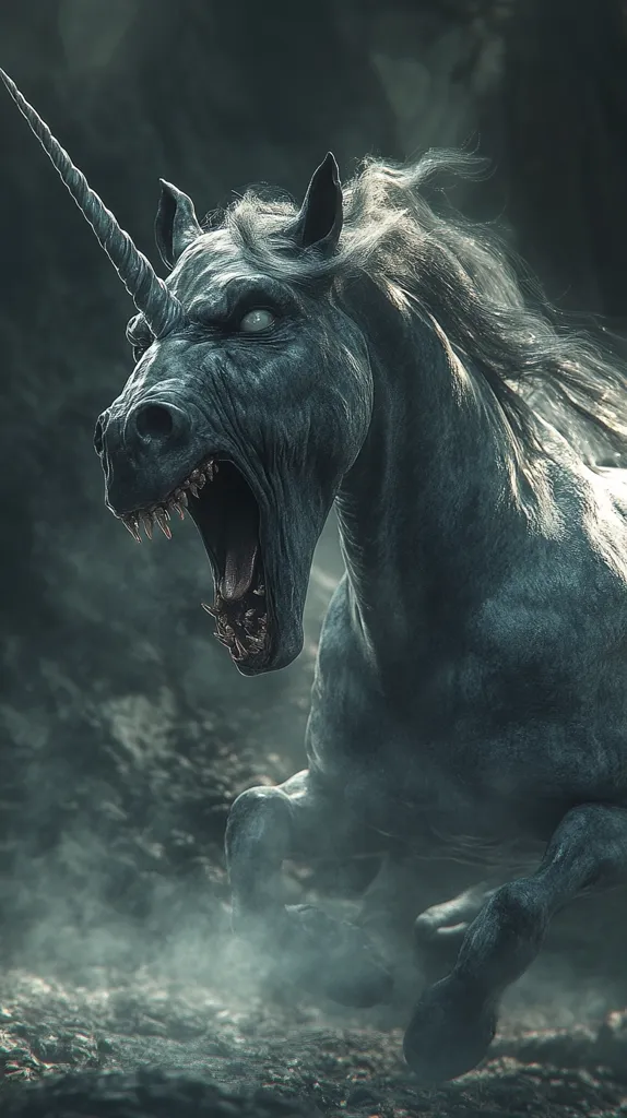 A dark, demonic unicorn with a long, spiraled horn charges towards the viewer. Its eyes glow an eerie white, and its mouth is open in a ferocious snarl, revealing sharp teeth. Its body is covered in a dark, shadowy fur, and its mane flows wildly behind it. The background is a dark, misty forest, suggesting an ominous and sinister atmosphere. The image evokes a sense of fear and unease.