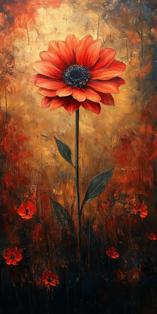 The painting depicts a single, large orange flower with a dark center, standing tall against a backdrop of earthy tones. The flower is surrounded by smaller blooms, all set against a textured background of browns, oranges, and dark blues. The image conveys a sense of quiet beauty and solitude.