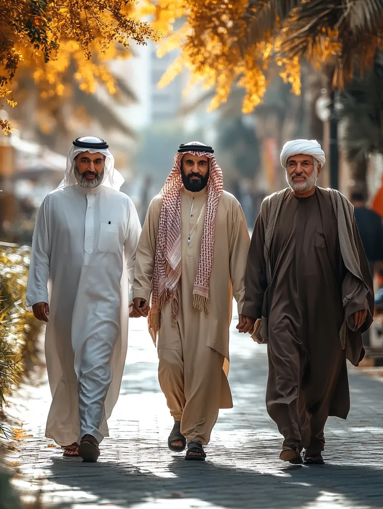 Three men, dressed in traditional Arab clothing, walk along a cobblestone street. They are all wearing long, white robes with headscarves. The man on the left is wearing a white headscarf, the man in the middle is wearing a red and white headscarf, and the man on the right is wearing a white headscarf with a brown band. They are walking in the shade of a tree with yellow leaves, and the sunlight is casting long shadows.  The men appear to be friends, enjoying a leisurely stroll.