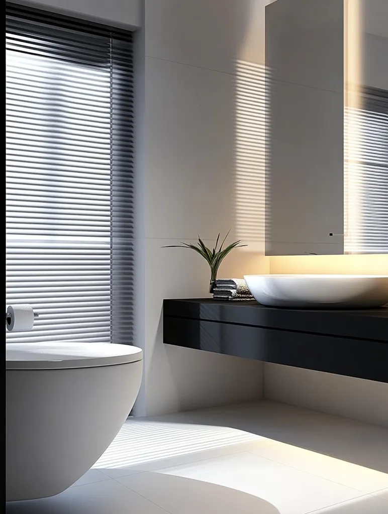 The image shows a modern bathroom with a white toilet, a black vanity with a white sink, and a small plant. Sunlight streams in through a window with blinds, casting a pattern of light and shadow on the white walls and floor. The bathroom has a minimalist and elegant aesthetic.