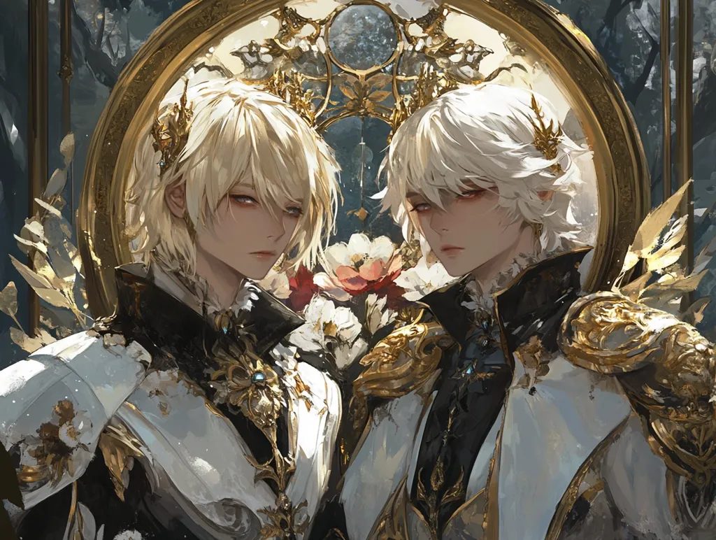 Two anime-style men with long, white hair stand side by side in front of a ornate golden frame. They are wearing elaborate, gold-trimmed clothing and appear to be royalty or nobility.  A flower blooms between them, creating a sense of duality or connection. The image evokes a sense of fantasy and grandeur.